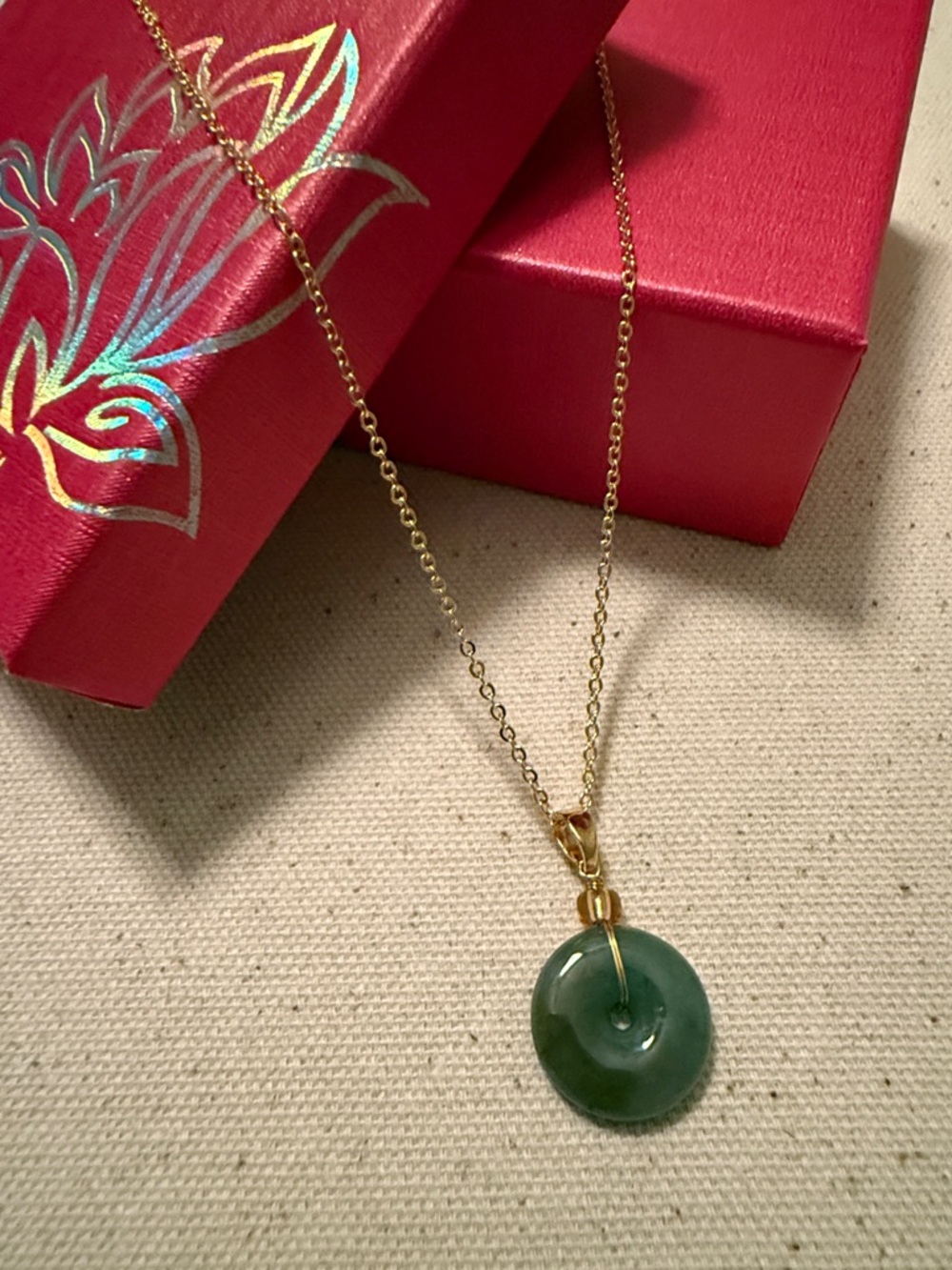 Gold Chain Necklace with Green Jade Donut Pendant